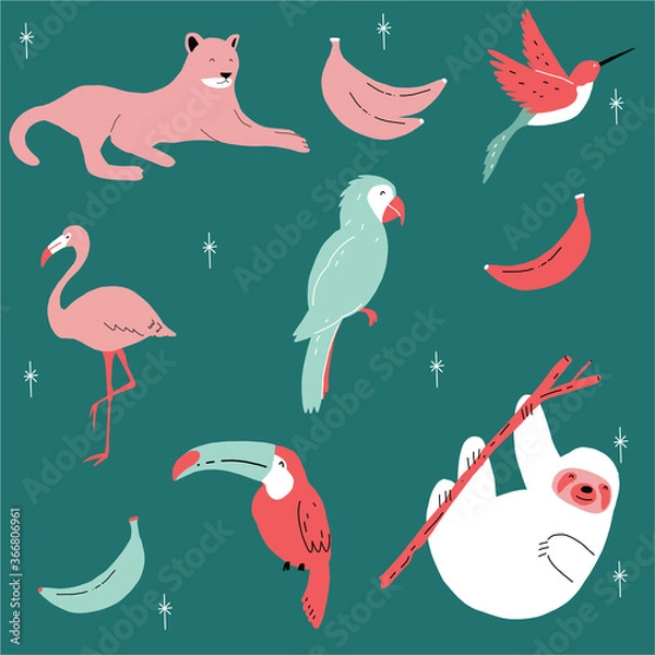 Obraz Cute hand-drawn Seamless tropical animals repeat pattern with parrot sloth flamingo hummingbird bananas birds and leopards.