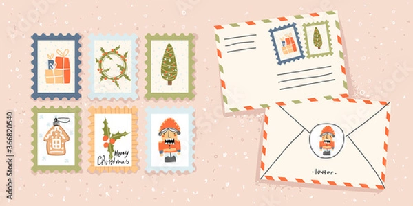 Fototapeta Merry Christmas card. Paper envelope with stamps and decorative winter elements on an isolated background. Christmas tree. A letter for Santa Claus. Holiday cards. Mail. Flat illustration. Vector.