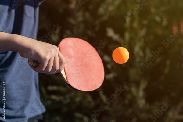 Fototapeta A boy playing table tennis, ping pong outside in the garden.