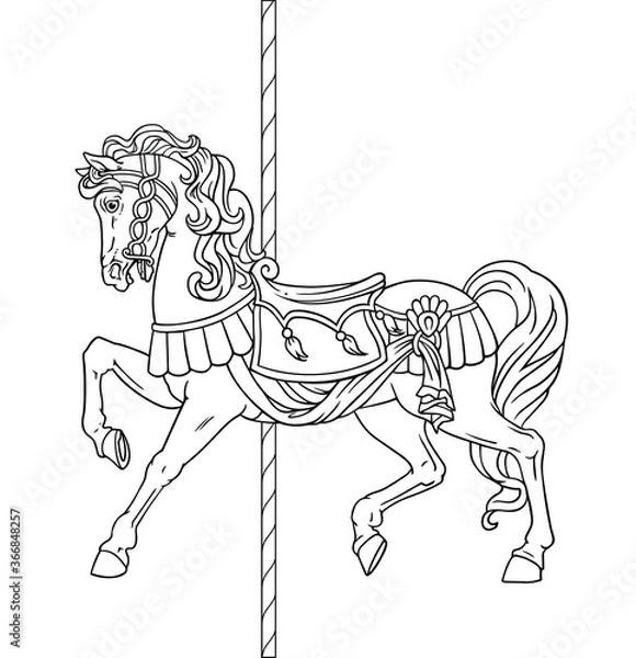 Obraz Carousel Horse, Merry go round horse, French carousel. Vector illustration of carousel horse on carnival ride. Coloring book, coloring page