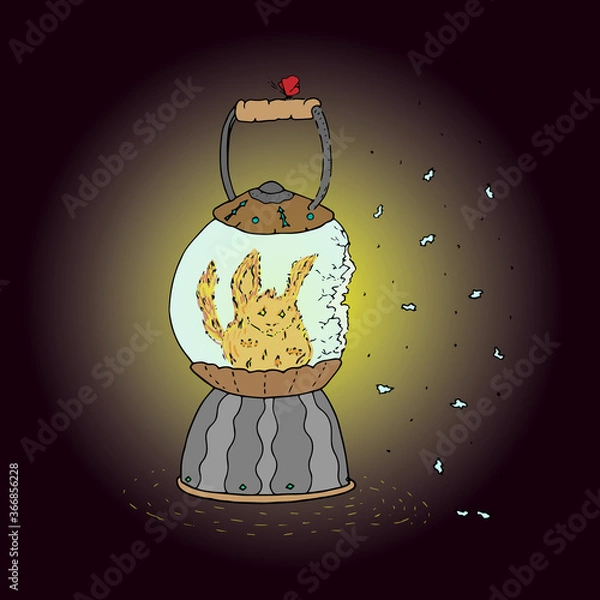 Fototapeta Fiery squirrel in broken glass lamp and red moth of freedom vector illustration.