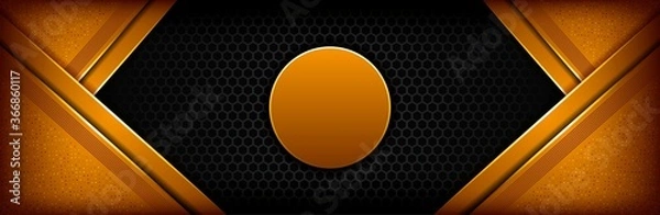 Fototapeta Abstract 3d black technology background overlap layers on dark space with orange light effect decoration