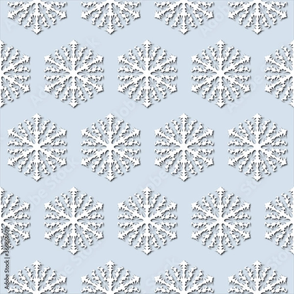 Fototapeta White snowflakes on pale blue background, seamless pattern. Paper cut style