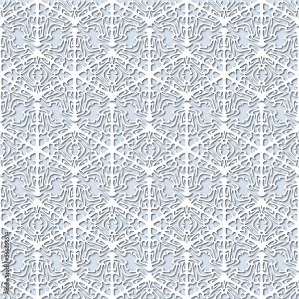 Fototapeta White snowflakes on pale blue background, damask ornament seamless pattern. Paper cut style