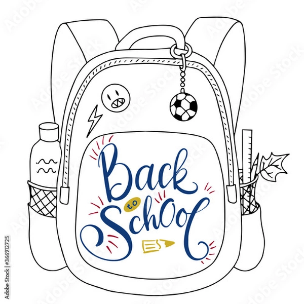Fototapeta A school back, back pack of a boy with a water bottle, pencil, leafe, ball key ring, with back to scholl lettering. 