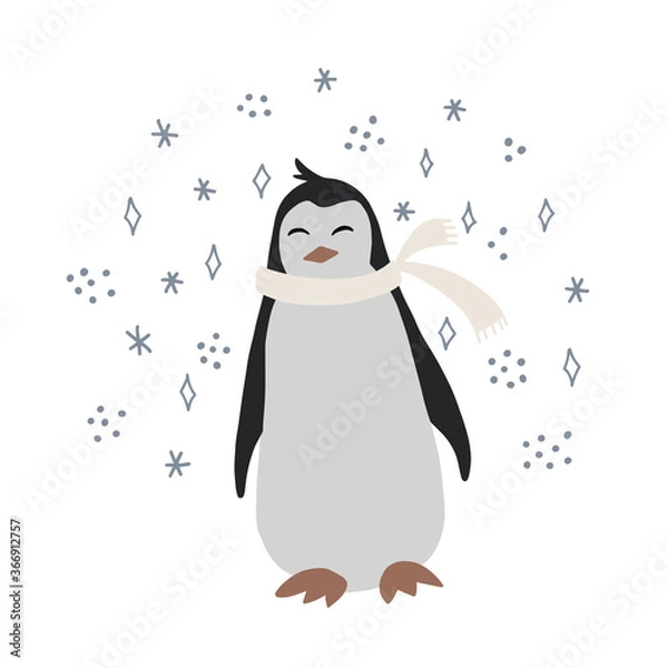 Obraz Cute penguin character in a scarf with snow flakes. Winter, christmas or new year illustration fot card, textile, print.