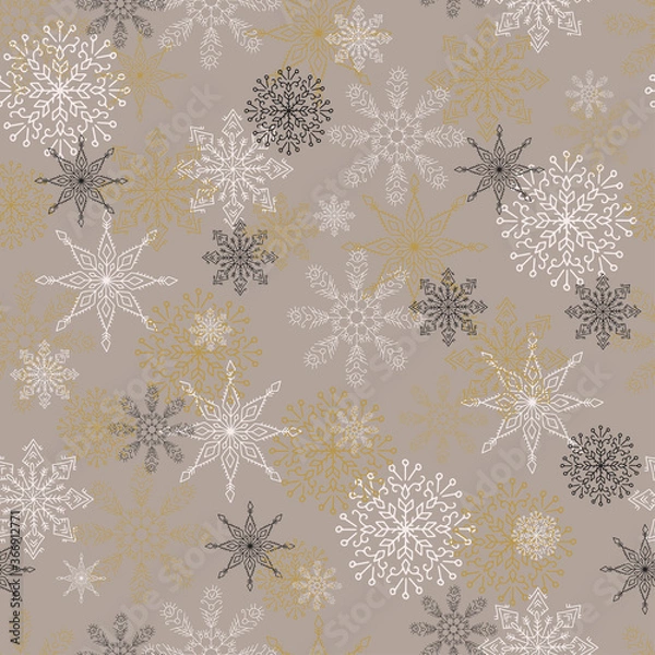 Fototapeta seamless vector pattern with snow flakes for fabrics, textile, wrapping. gold and black new year.