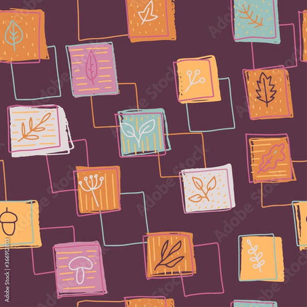 Fototapeta seamless vector abstract pattern with square shapes and floral elements, leaves plants in autumn colors. For fabric, textile, wallpaper, wrapping design