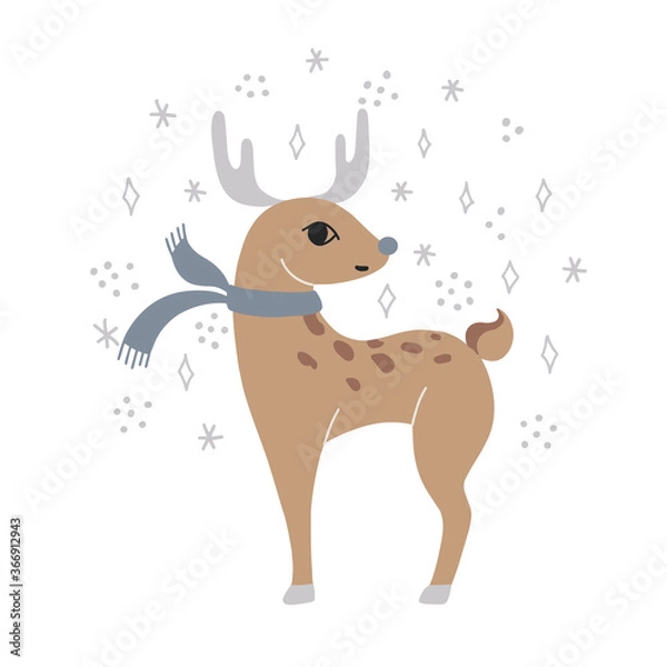 Fototapeta Cute reindeer character in a scarf with snow flakes. Winter, new year, christmas illustration for card, print, textile