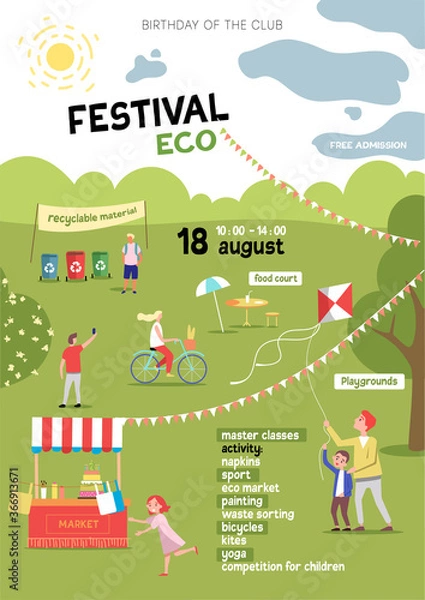 Fototapeta Summer holiday, birthday. A festive poster for a festival in nature. Environmental theme, waste sorting, games, entertainment, food court, lots of cheerful young people.