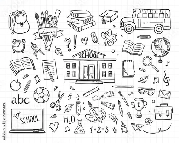 Fototapeta School vector set. Hand drawn studying collection. Doodle back to school sketch illustrations