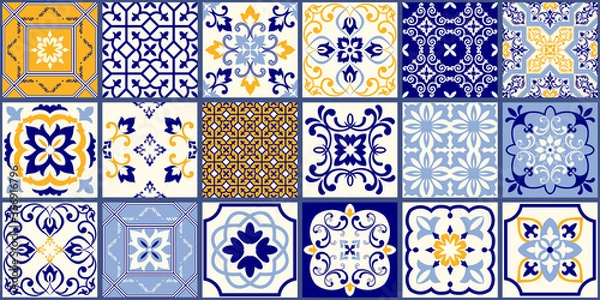 Fototapeta Collection of 18 ceramic tiles in turkish style. Seamless colorful patchwork from Azulejo tiles. Portuguese and Spain decor. Islam, Arabic, Indian, Ottoman motif. Vector Hand drawn background