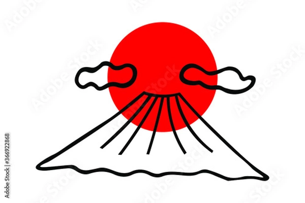 Fototapeta Japanese traditional symbol red sun, sunrise on mount Fuji in ink Isolated on white background. Hand drawn vector decorative element in doodle style for decoration, postcard, flyer, banner or website