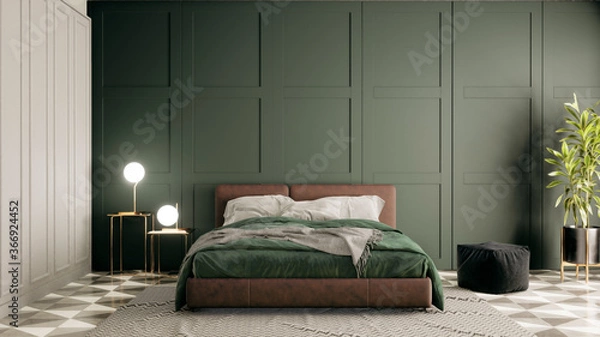 Fototapeta Modern Vintage interior of green bedroom with double bed, 3D rendering background

