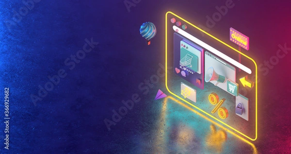 Fototapeta 3d rendering of Web icons  and neon light.