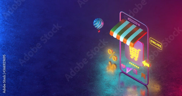 Fototapeta 3d rendering of of shopping cart icons  and neon light.