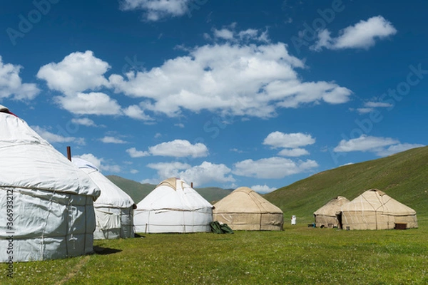 Fototapeta Nomad yurts, Road to Song Kol Lake, Naryn province, Kyrgyzstan, Central Asia