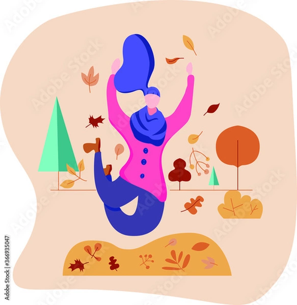 Fototapeta Girl playing in leaves, autumn activity flat design vector illustration.