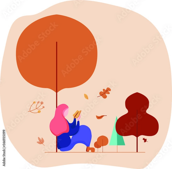 Fototapeta Girl reading a book, autumn activity flat design vector illustration.