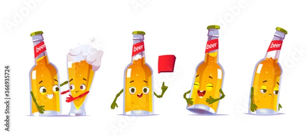 Fototapeta Cute beer bottle character in different poses. Vector set of cartoon funny mascot, lager pint personage laughs, sad, talk with speech bubble and hugs with glass of beer