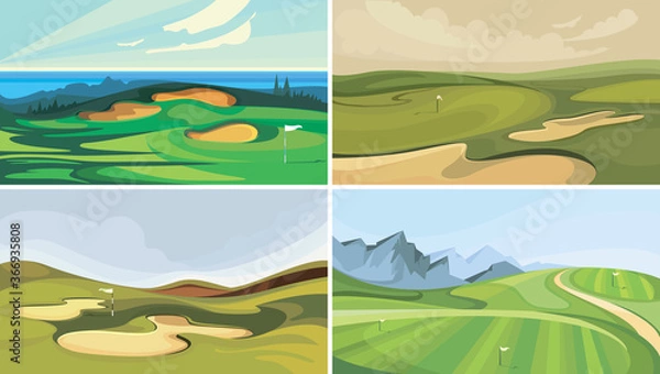Fototapeta Set of golf courses. Sport fields in cartoon style.