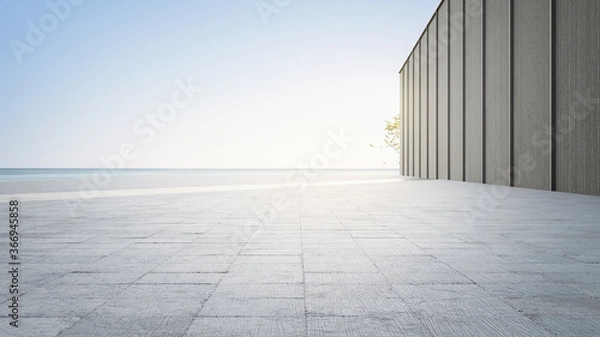 Fototapeta Empty concrete floor and gray wall. 3d rendering of sea view plaza with clear sky background.