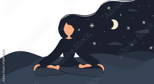 Obraz Girl in yoga lotus practices meditation at night outdoor. Nature background with moon. Banner, card or landing page template. Vector illustration in flat style. Young woman meditating