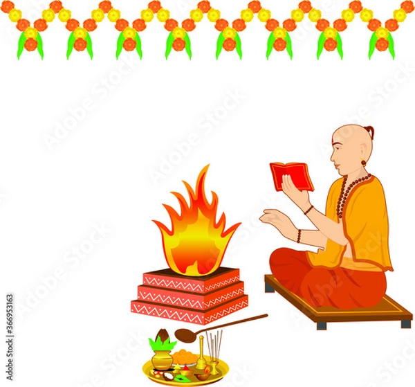 Fototapeta Indian priest Panditji performing havan pooja and worshiping gods, doing prayer with some lit fire in the Havan Kund, and chanting the mantras for blessings.