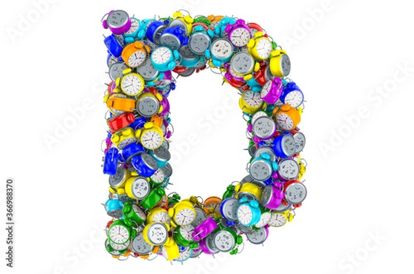 Fototapeta Letter D from colored alarm clocks, 3D rendering