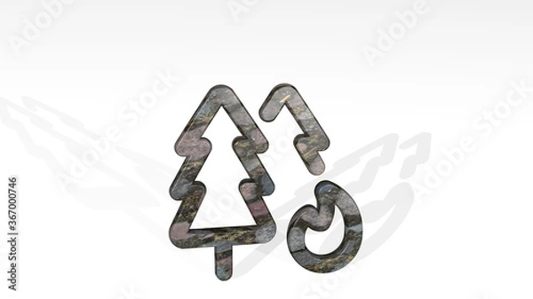 Fototapeta trees camp fire casting shadow with two lights. 3D illustration of metallic sculpture over a white background with mild texture. beautiful and forest