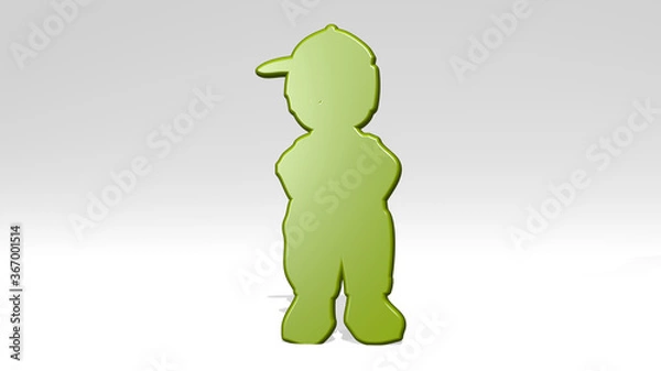 Fototapeta small boy standing stand with shadow. 3D illustration of metallic sculpture over a white background with mild texture. beautiful and blue