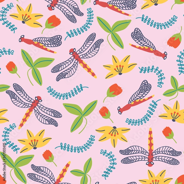 Fototapeta Summer pattern flowers and dragonfly