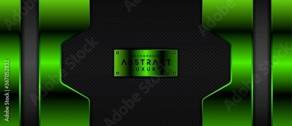 Fototapeta Abstract metallic overlap layers on dark space with green light effect decoration background