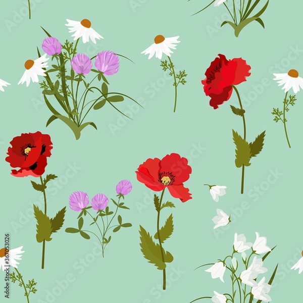 Fototapeta Seamless pattern with field chamomile, campanula,clover and poppies on a green background.