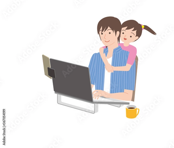 Fototapeta テレワーク、パソコンを操作する男性と子供