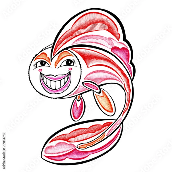 Obraz Golden fish fairy tale smiles hand drawn with color markers decorative style sketch isolated on a white background.