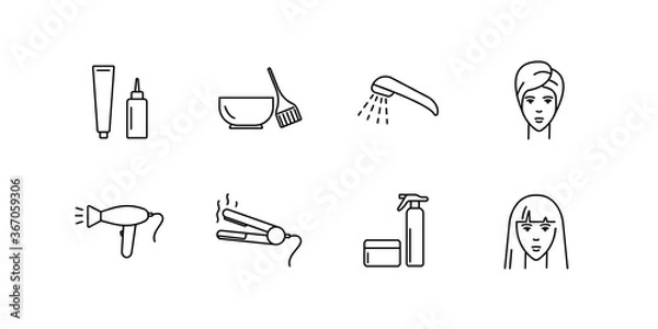 Obraz Hair coloring, care, styling vector icon set. Black outline isolated on a white background. Accessories for hairdressers. Logo illustration. 