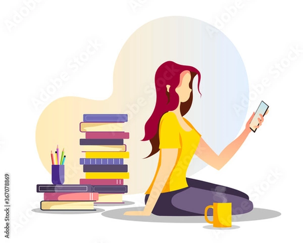 Fototapeta Woman sitting with phone and stacks of books. Bookstore, bookshop, book lovers, E-book reader, E-library concept. Isolated vector illustration for poster, banner, card, cover.