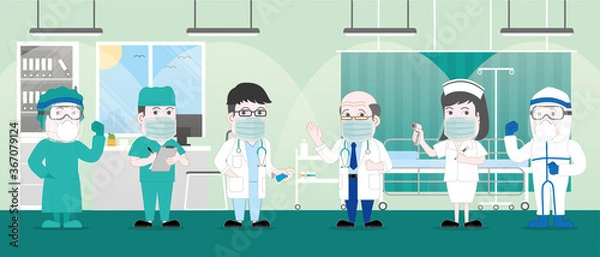 Fototapeta Character design. Character design. Group of doctors team standing in the hospital