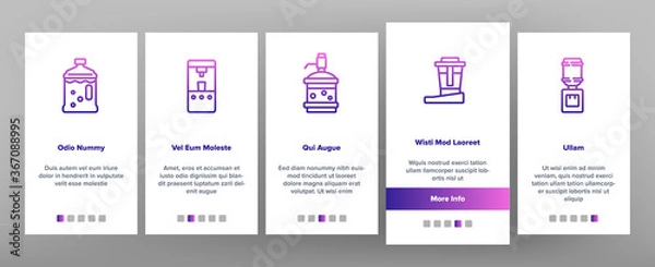 Fototapeta Dispenser Water Tool Onboarding Mobile App Page Screen Vector. Dispenser Water Electronic Equipment And With Manual Pump, Cooling And Heating Device Illustrations