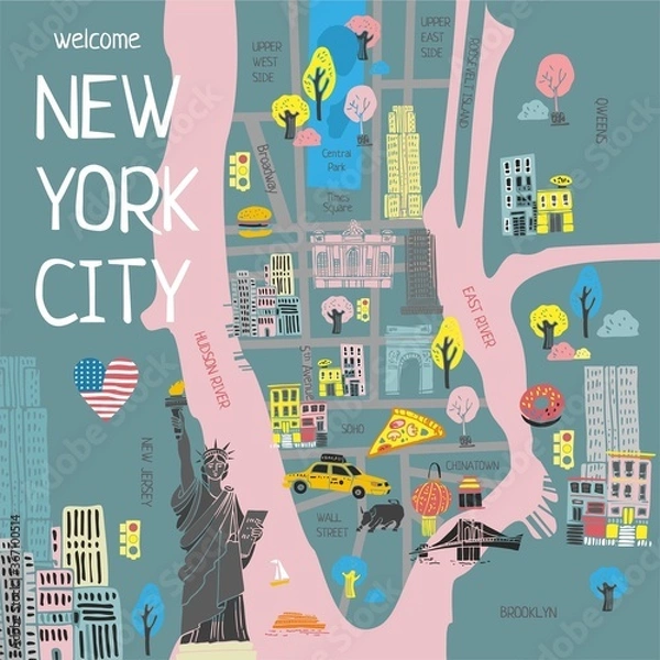 Obraz Color stylized tourist map of new York drawn by hand for travel guides and cards. Banner about traveling in the city of America. Decorative poster for room. Cute cartoon vector illustration.