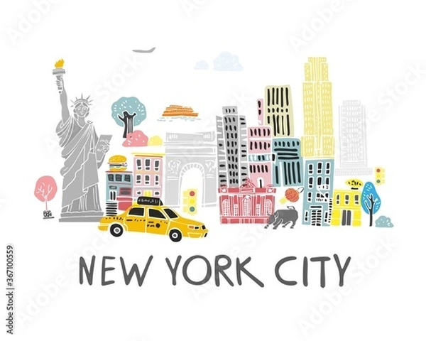 Obraz Decorative landscape of new York city with symbols drawn by hand on a white background. Handwritten inscription New York city. Postcard, banner, guide for tourists. Flat cartoon vector illustration