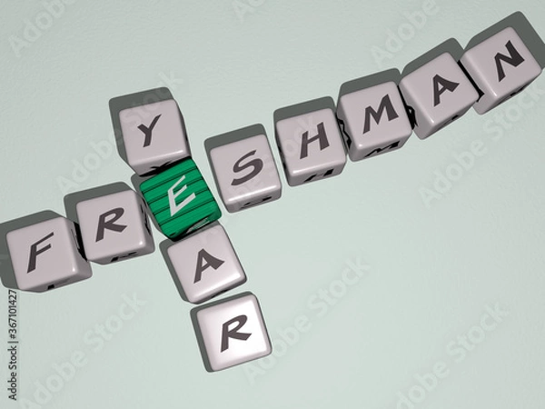 Fototapeta crosswords of freshman year arranged by cubic letters on a mirror floor, concept meaning and presentation