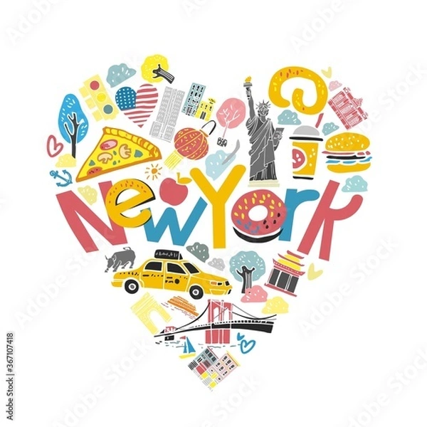 Obraz Color decorative heart with the symbols of New York and the words New York in the center. Tourist emblem for guides, promo, poster hand drawn on white background. Cute cartoon vector illustration.