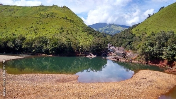 Fototapeta The Lakya Bhadra view point on riverbank of Lakya river near Lakya dam, Kudremukh, which gives a glimpses of Himalaya in Karnataka, india