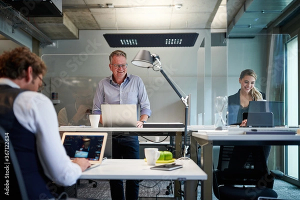 Obraz Smiling business colleagues using laptops while working at creative office with glass shields during pandemic