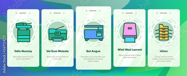 Fototapeta Photocopier Device Onboarding Mobile App Page Screen Vector. Professional Photocopier And Scanner Equipment And Ink, Electronic Multifunctional Printer Illustrations