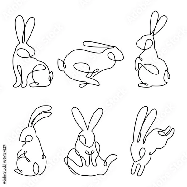 Obraz Continuous line drawing of easter rabbit set