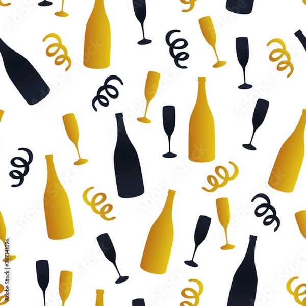 Fototapeta Vector seamless background with a pattern of bottles of champagne and glasses. Gold and black confetti