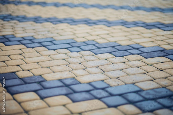 Fototapeta Nested pavers of various colors, around the grass is green, chic garden